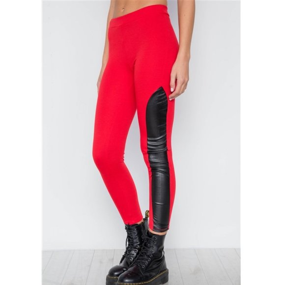 Pants - Red Leggings with Faux Leather Detail NWT